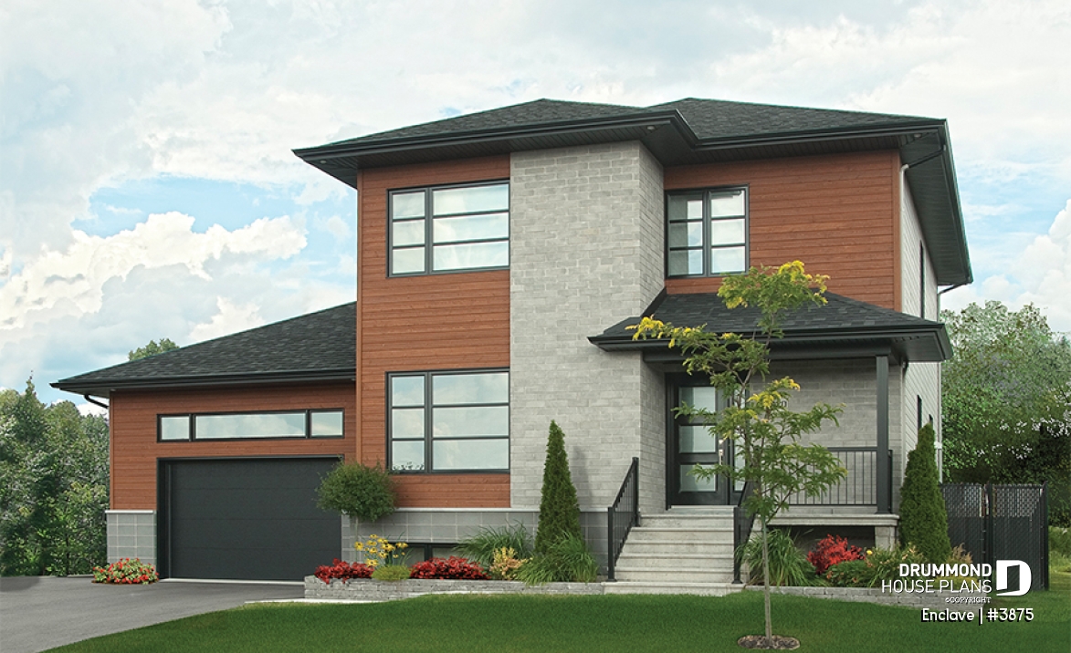 front - BASE MODEL - Affordable2 story modern house plan with garage, master suite, 3 beds, 2.5 baths, fireplace in kitchen - Enclave