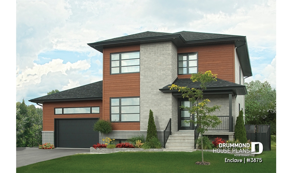 front - BASE MODEL - Affordable2 story modern house plan with garage, master suite, 3 beds, 2.5 baths, fireplace in kitchen - Enclave