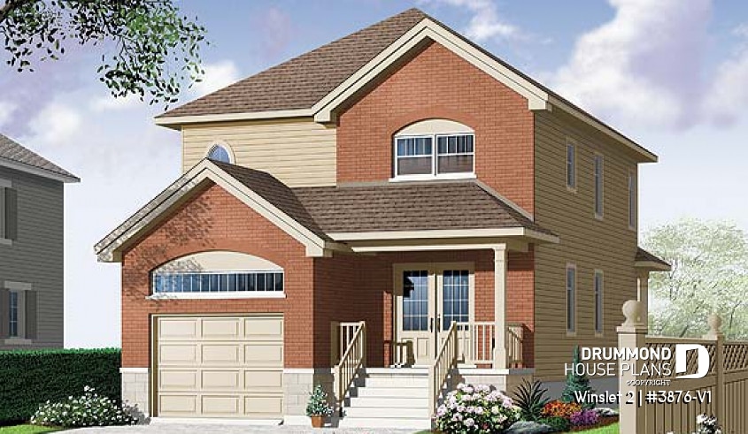 front - BASE MODEL - Narrow lot house plan with garage, 3 bedrooms, master suite, covered rear balcony, open floor plan - Winslet 2