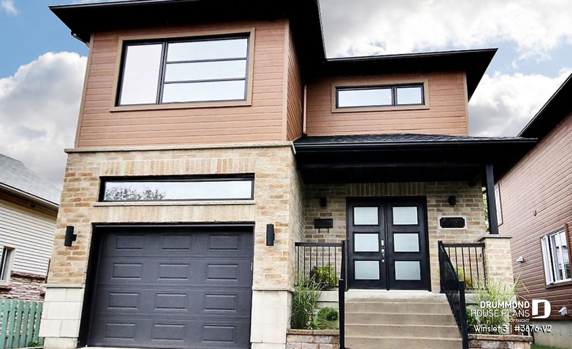 front - BASE MODEL - Modern 2 storey-home plan for narrow-lot, with garage, 3 bedrooms, open layout, laundry room on second floor - Winslet 3