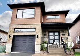 front - BASE MODEL - Modern 2 storey-home plan for narrow-lot, with garage, 3 bedrooms, open layout, laundry room on second floor - Winslet 3