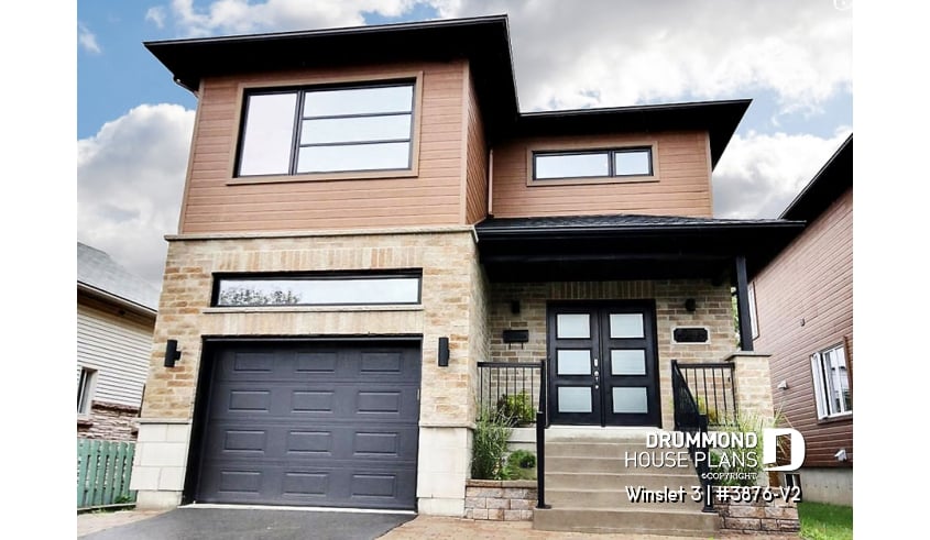 front - BASE MODEL - Modern 2 storey-home plan for narrow-lot, with garage, 3 bedrooms, open layout, laundry room on second floor - Winslet 3