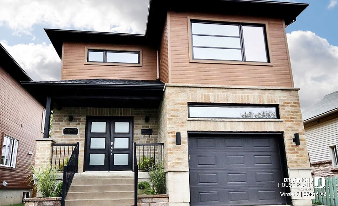 front - BASE MODEL - Modern 2 storey-home plan for narrow-lot, with garage, 3 bedrooms, open layout, laundry room on second floor - Winslet 3