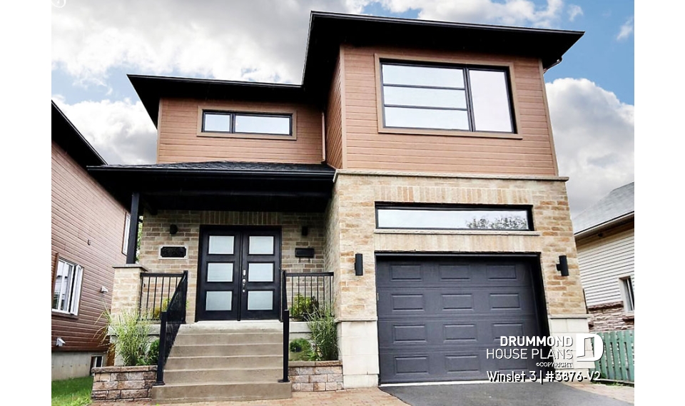 front - BASE MODEL - Modern 2 storey-home plan for narrow-lot, with garage, 3 bedrooms, open layout, laundry room on second floor - Winslet 3