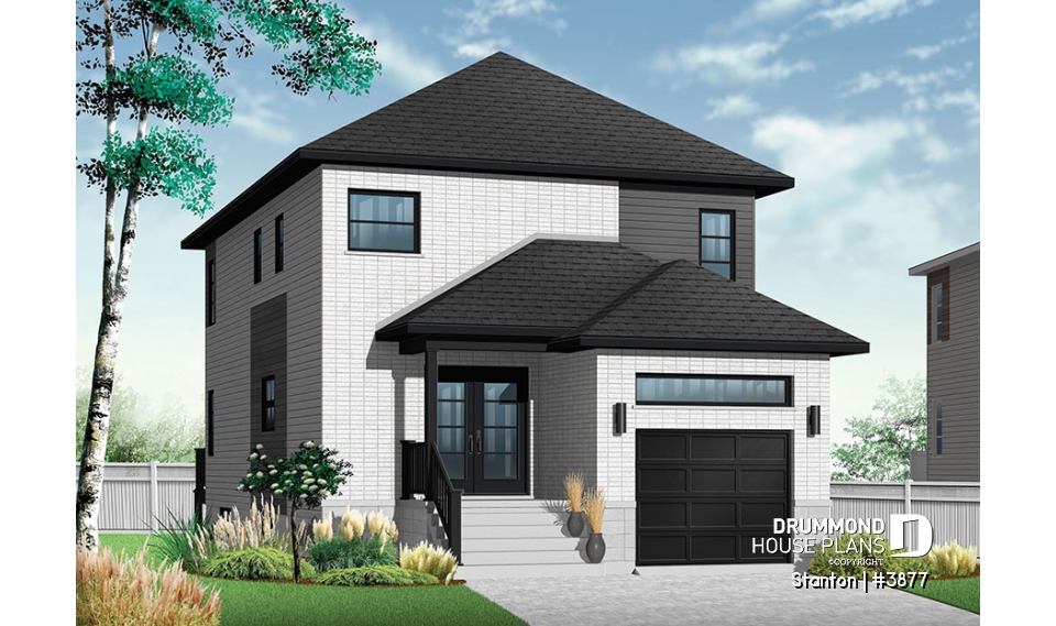 front - BASE MODEL - 2-storey contemporary house plan 3 bedroom with garage, master suite, open floor plan, narrow lots - Stanton