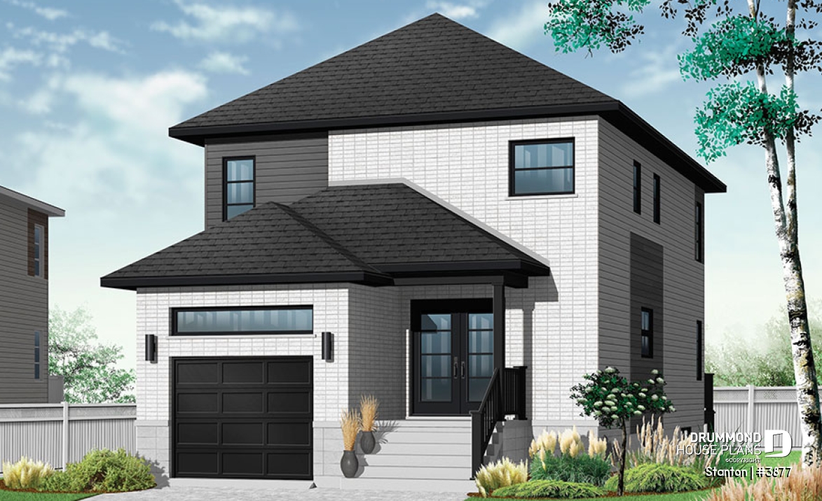 front - BASE MODEL - 2-storey contemporary house plan 3 bedroom with garage, master suite, open floor plan, narrow lots - Stanton