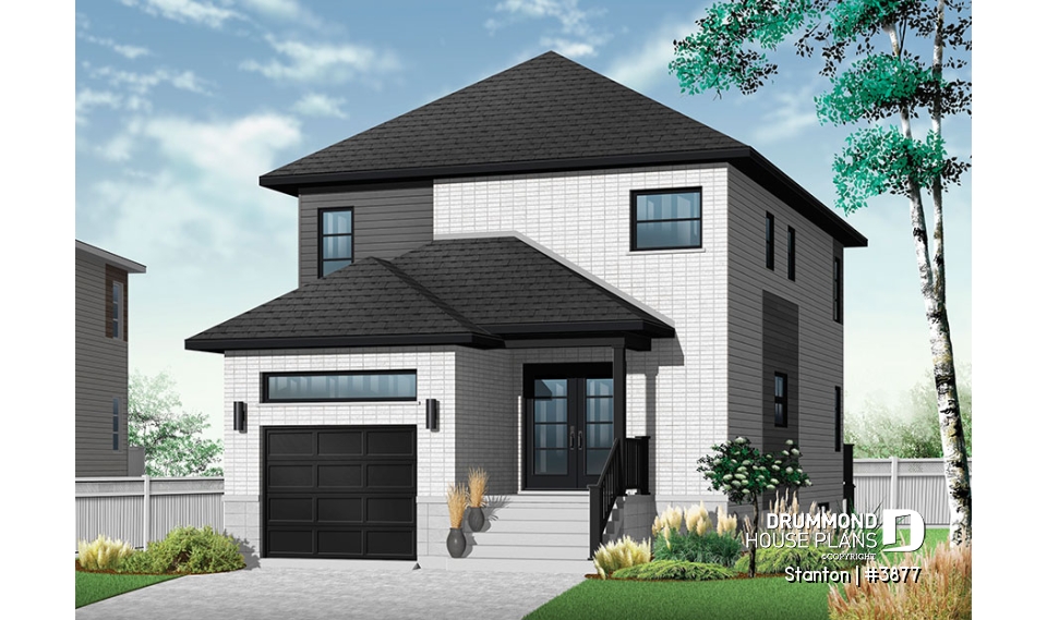 front - BASE MODEL - 2-storey contemporary house plan 3 bedroom with garage, master suite, open floor plan, narrow lots - Stanton