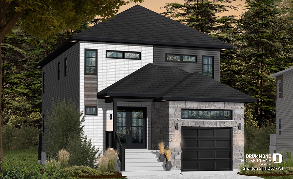 Color version 2 - Front - Modern house plan with garage, narrow lot design, great master suite, open layout, laundry on second floor - Stanton 2