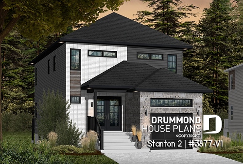 Color version 2 - Front - Modern house plan with garage, narrow lot design, great master suite, open layout, laundry on second floor - Stanton 2