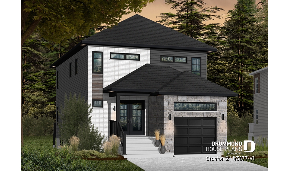 Color version 2 - Front - Modern house plan with garage, narrow lot design, great master suite, open layout, laundry on second floor - Stanton 2