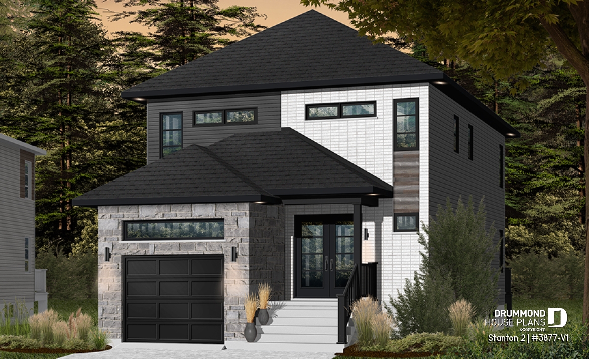 Color version 2 - Front - Modern house plan with garage, narrow lot design, great master suite, open layout, laundry on second floor - Stanton 2