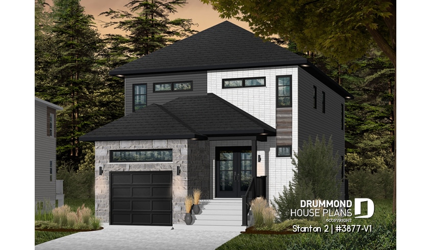 Color version 2 - Front - Modern house plan with garage, narrow lot design, great master suite, open layout, laundry on second floor - Stanton 2