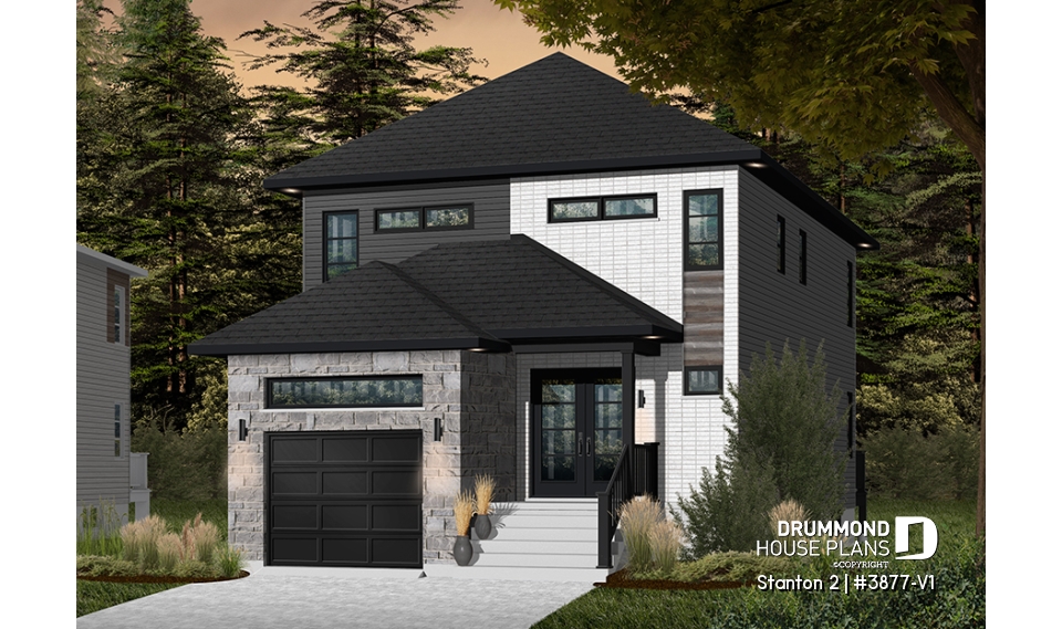 Color version 2 - Front - Modern house plan with garage, narrow lot design, great master suite, open layout, laundry on second floor - Stanton 2