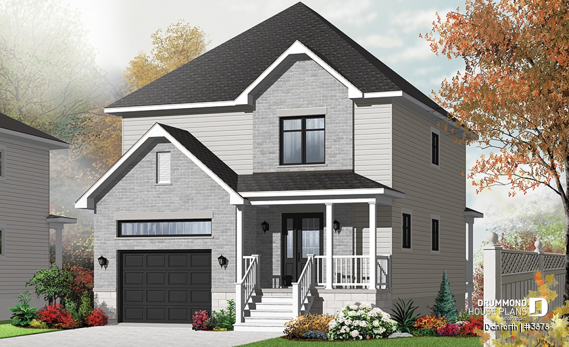 front - BASE MODEL - Modern 2 storey house plan, 3 bedroom, rear covered terrace, mezzanine and garage - Danforth