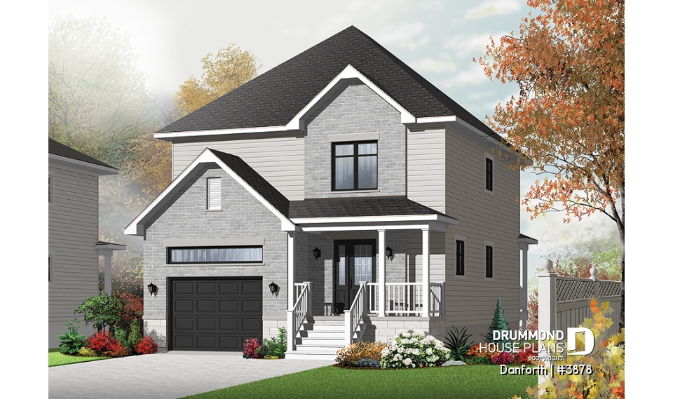 front - BASE MODEL - Modern 2 storey house plan, 3 bedroom, rear covered terrace, mezzanine and garage - Danforth