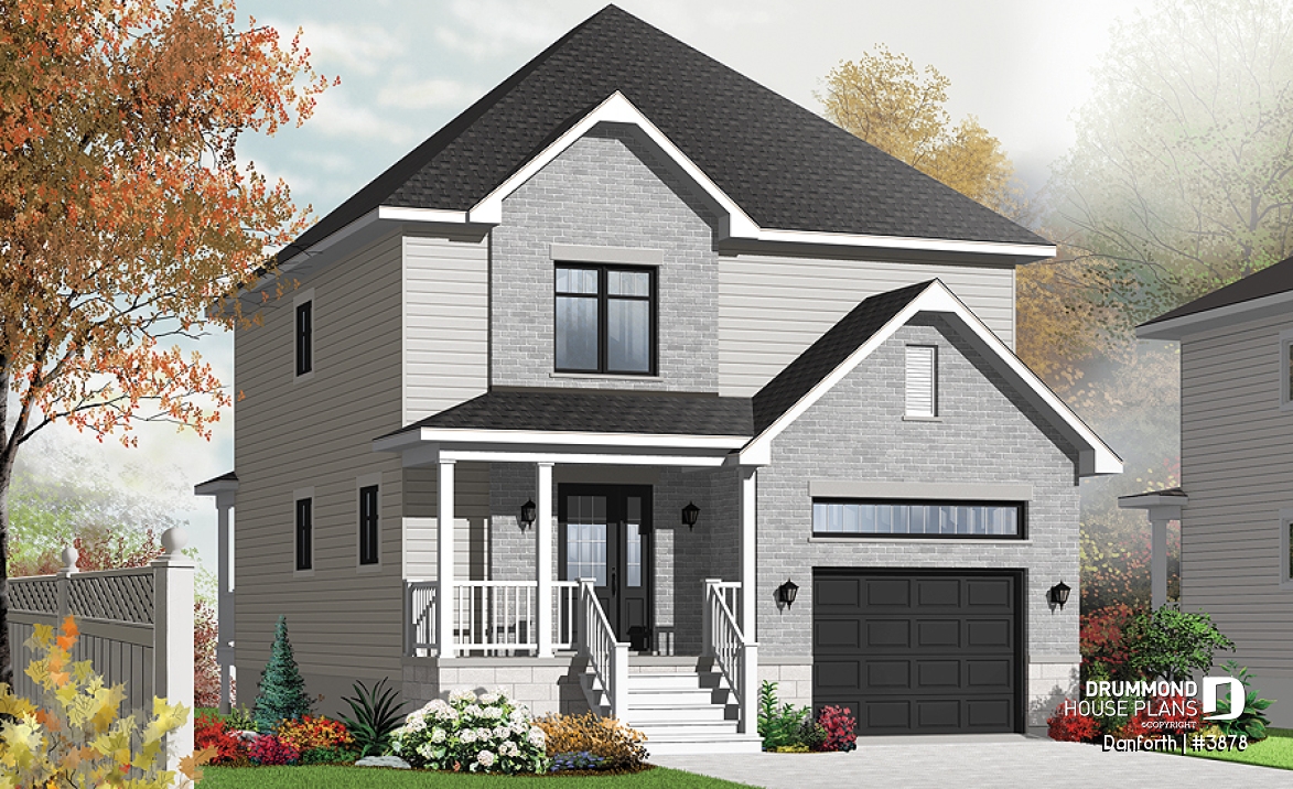 front - BASE MODEL - Modern 2 storey house plan, 3 bedroom, rear covered terrace, mezzanine and garage - Danforth