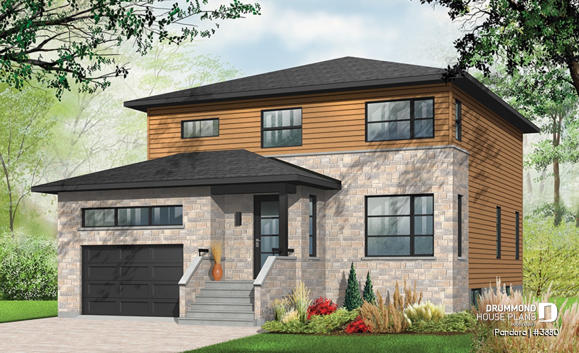 front - BASE MODEL - Large Modern House plan, 4 bedrooms, 3 bathrooms, open floor plan layout, large pantry and laundry room - Pandora
