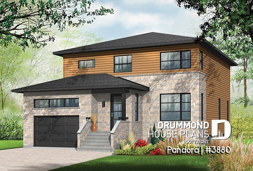 front - BASE MODEL - Large Modern House plan, 4 bedrooms, 3 bathrooms, open floor plan layout, large pantry and laundry room - Pandora
