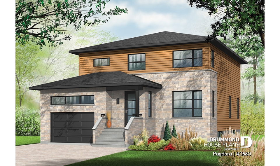 front - BASE MODEL - Large Modern House plan, 4 bedrooms, 3 bathrooms, open floor plan layout, large pantry and laundry room - Pandora