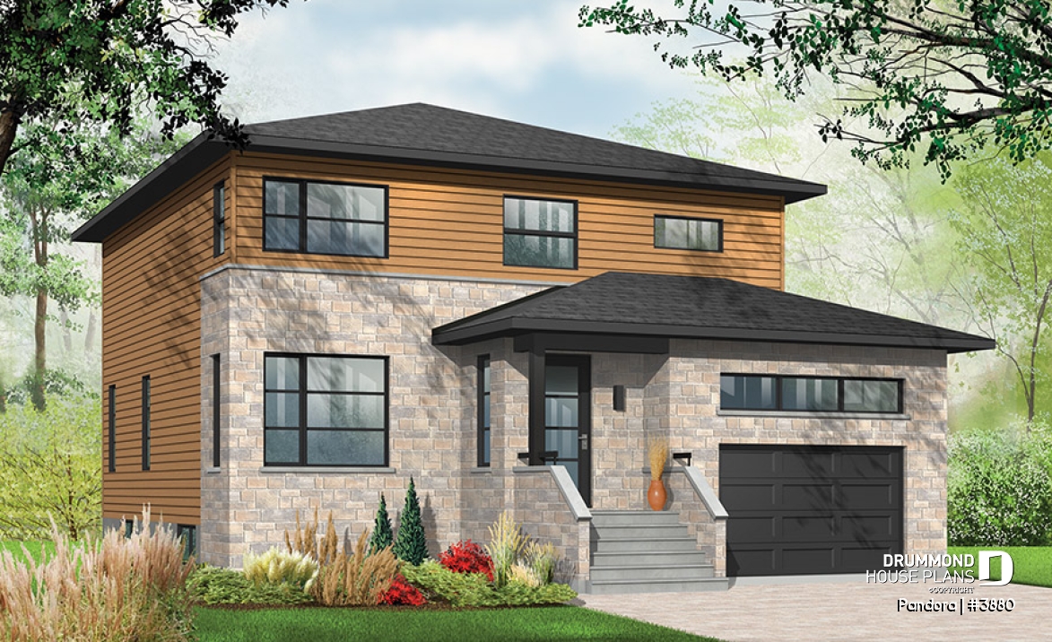 front - BASE MODEL - Large Modern House plan, 4 bedrooms, 3 bathrooms, open floor plan layout, large pantry and laundry room - Pandora
