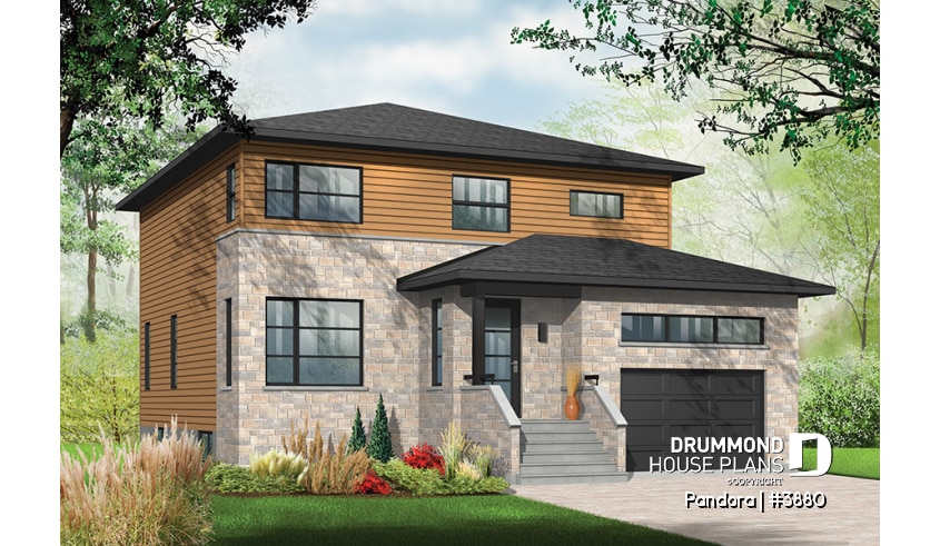front - BASE MODEL - Large Modern House plan, 4 bedrooms, 3 bathrooms, open floor plan layout, large pantry and laundry room - Pandora