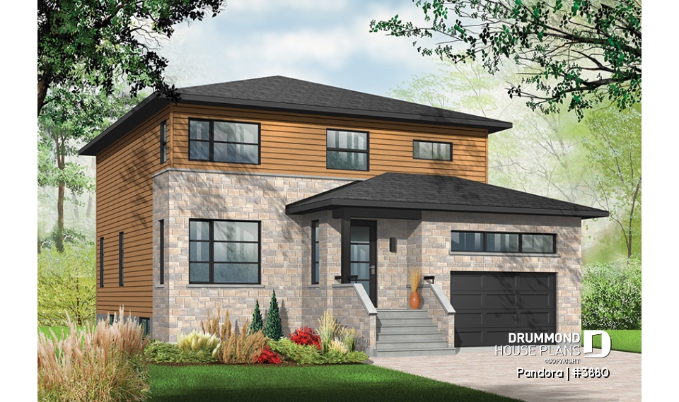 front - BASE MODEL - Large Modern House plan, 4 bedrooms, 3 bathrooms, open floor plan layout, large pantry and laundry room - Pandora