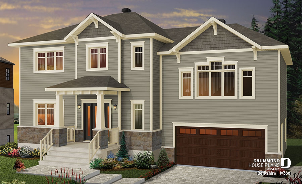 front - BASE MODEL - Beautiful transitional style home plan, large bonus space, open floor plan concept with large kitchen island - Berkshire