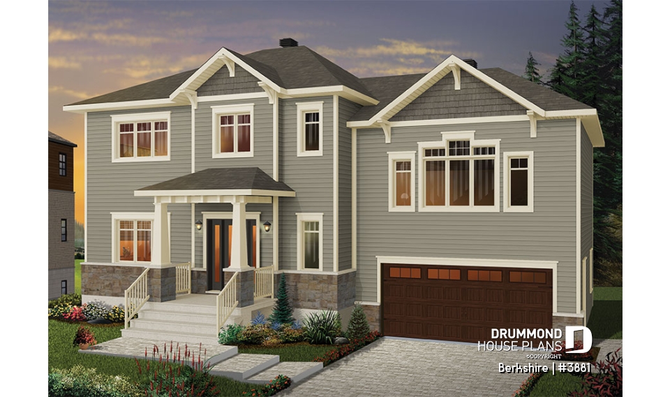 front - BASE MODEL - Beautiful transitional style home plan, large bonus space, open floor plan concept with large kitchen island - Berkshire