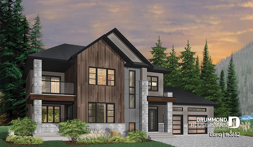 Color version 1 - Front - Modern cottage plan with 3 covered terraces, large master suite, open floor plans, 2 car garage - Liana