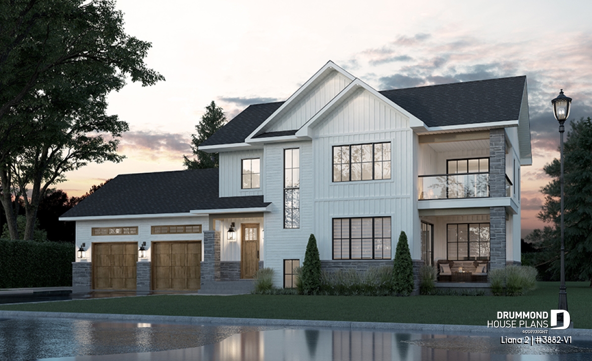 front - BASE MODEL - Modern farmhouse with garage, 4 bedrooms, home theater, office and 3 front balconies - Liana 2