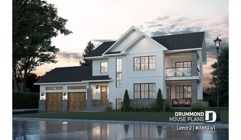 front - BASE MODEL - Modern farmhouse with garage, 4 bedrooms, home theater, office and 3 front balconies - Liana 2