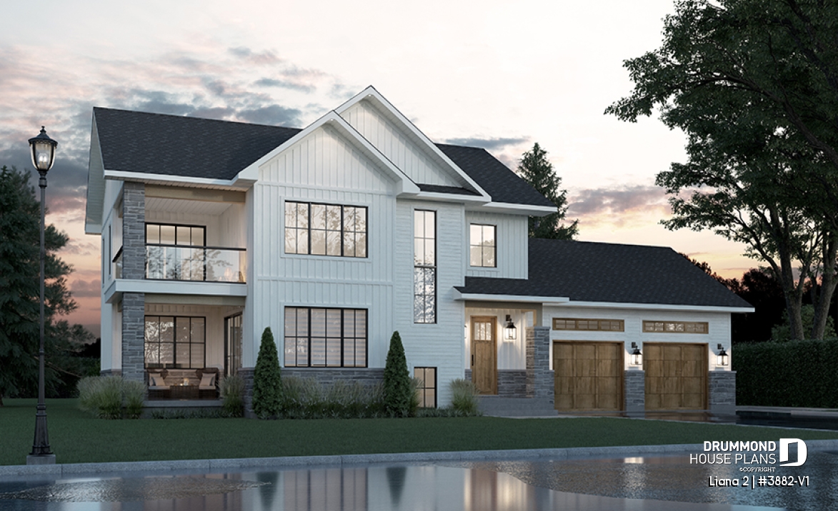 front - BASE MODEL - Modern farmhouse with garage, 4 bedrooms, home theater, office and 3 front balconies - Liana 2