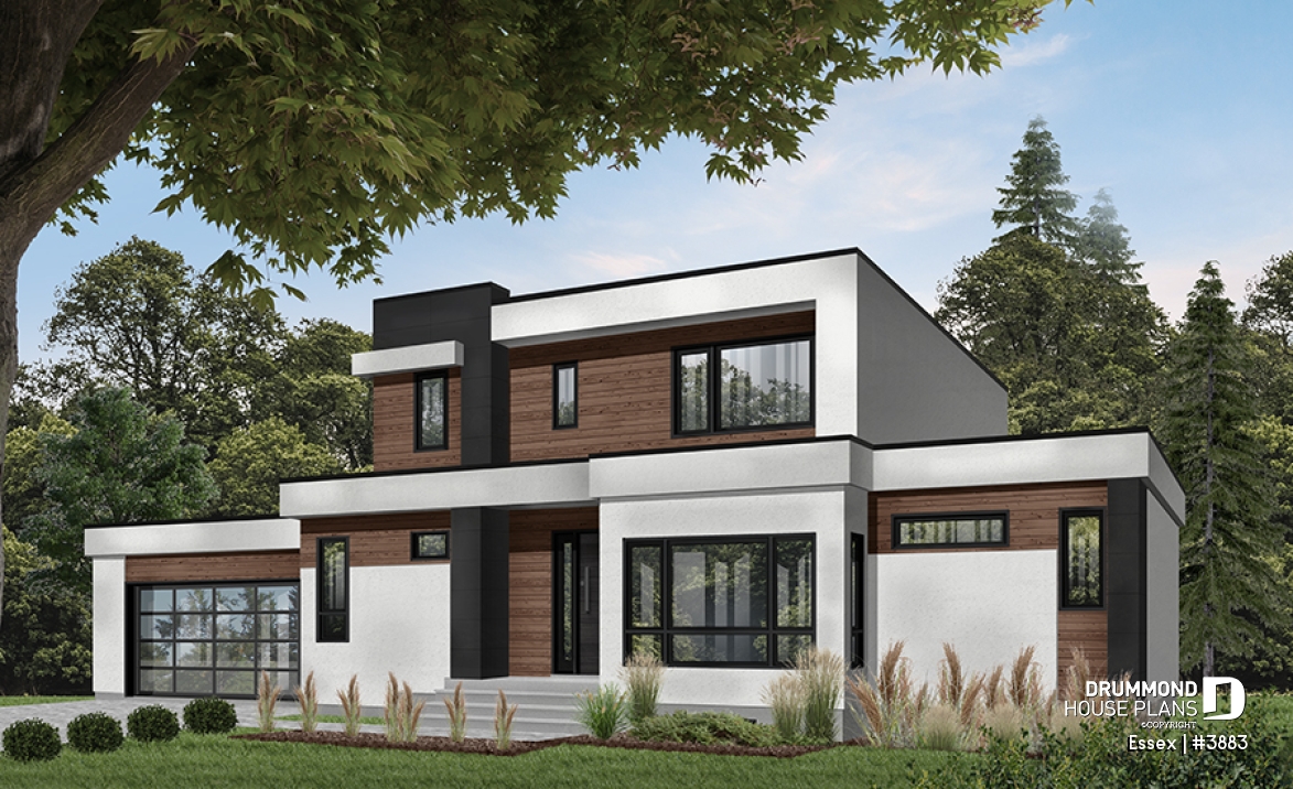 Color version 1 - Front - Modern Cube shaped house plan, master suite, 4 bedrooms, open floor plan, home office, 2-car garage, pantry - Essex