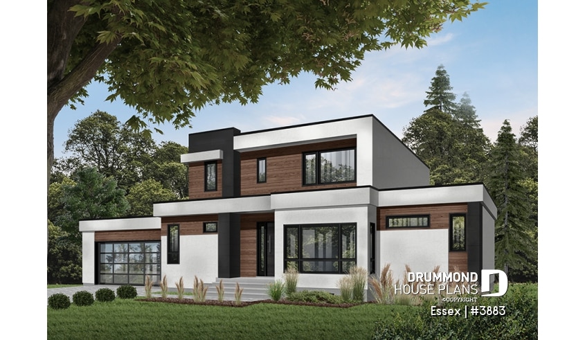 Color version 1 - Front - Modern Cube shaped house plan, master suite, 4 bedrooms, open floor plan, home office, 2-car garage, pantry - Essex