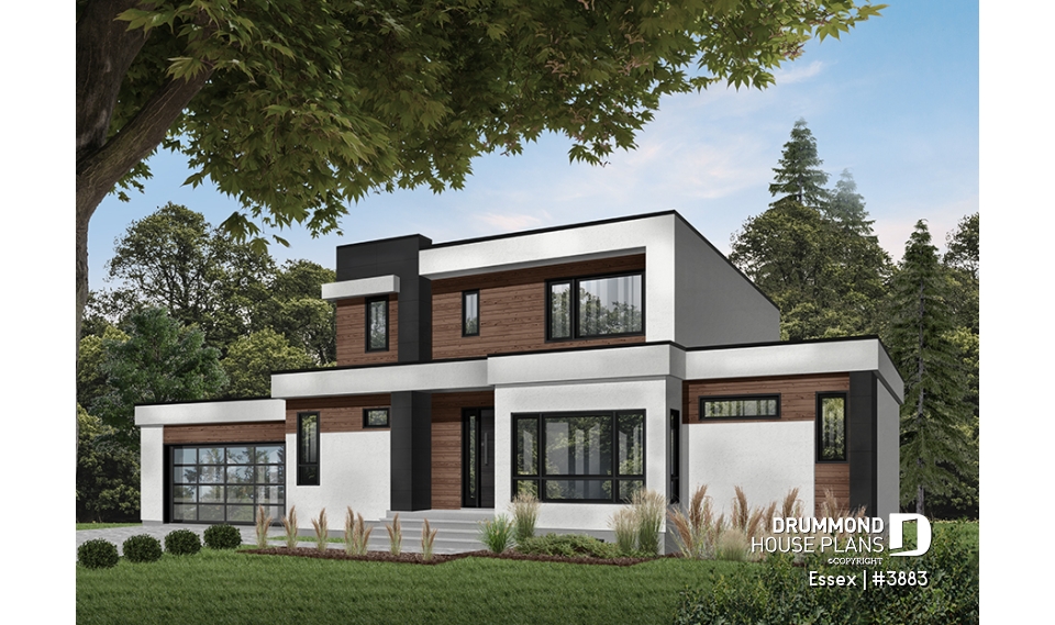 Color version 1 - Front - Modern Cube shaped house plan, master suite, 4 bedrooms, open floor plan, home office, 2-car garage, pantry - Essex