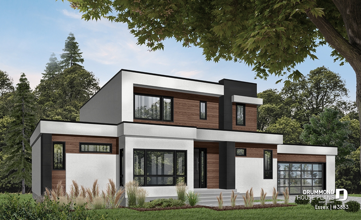 Color version 1 - Front - Modern Cube shaped house plan, master suite, 4 bedrooms, open floor plan, home office, 2-car garage, pantry - Essex