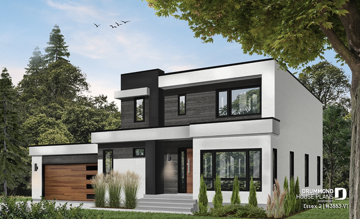 front - BASE MODEL - 3 to 4 bedroom Cube Shaped house plan, home office, lots of natural lights, 2-car garage, unfinished basement - Essex 2