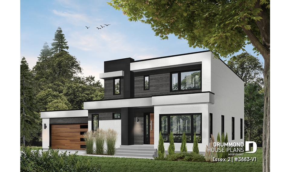 front - BASE MODEL - 3 to 4 bedroom Cube Shaped house plan, home office, lots of natural lights, 2-car garage, unfinished basement - Essex 2