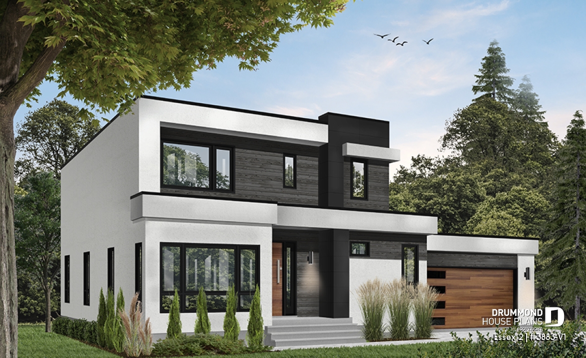 front - BASE MODEL - 3 to 4 bedroom Cube Shaped house plan, home office, lots of natural lights, 2-car garage, unfinished basement - Essex 2