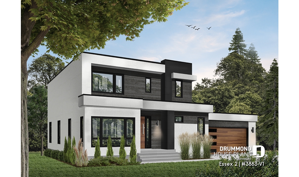 front - BASE MODEL - 3 to 4 bedroom Cube Shaped house plan, home office, lots of natural lights, 2-car garage, unfinished basement - Essex 2