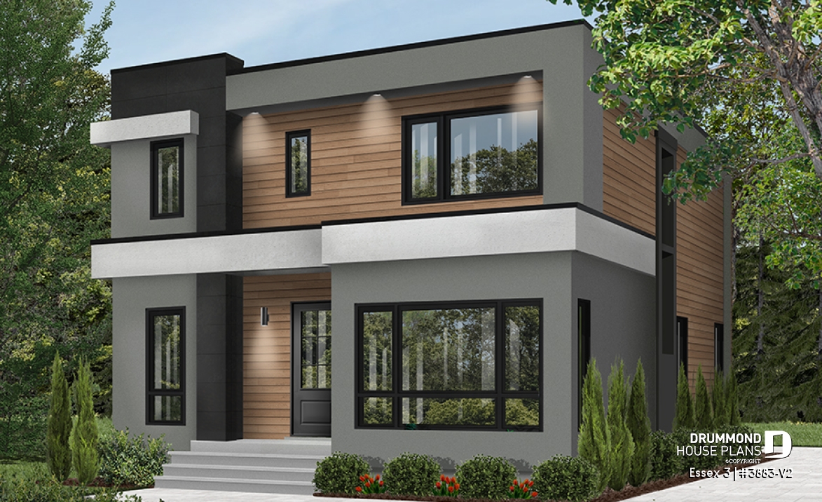 front - BASE MODEL - Contemporary Modern home design, 3 bedrooms, pantry &amp; kitchen island, home office, laundry room on main - Essex 3