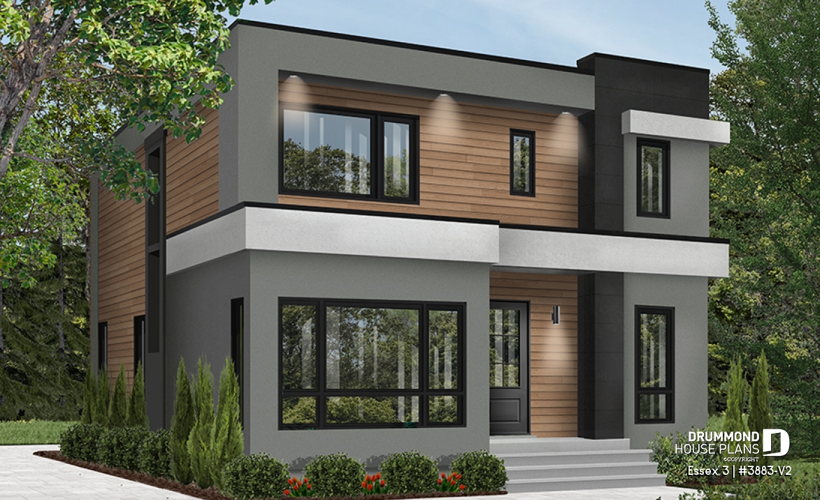 front - BASE MODEL - Contemporary Modern home design, 3 bedrooms, pantry &amp; kitchen island, home office, laundry room on main - Essex 3