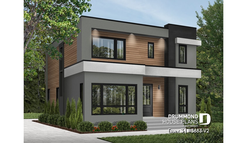 front - BASE MODEL - Contemporary Modern home design, 3 bedrooms, pantry & kitchen island, home office, laundry room on main - Essex 3
