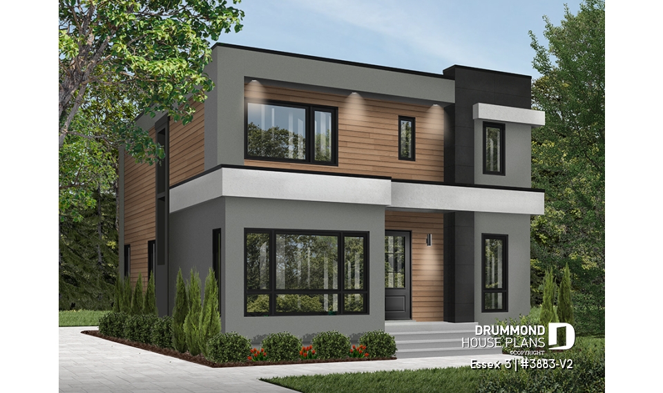 front - BASE MODEL - Contemporary Modern home design, 3 bedrooms, pantry &amp; kitchen island, home office, laundry room on main - Essex 3