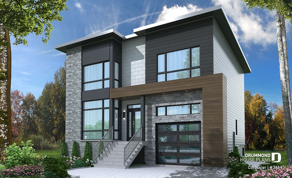 front - BASE MODEL - Modern house plan with 2 master suites, 4 bedrooms, home office, large kitchen open floor plan concept - Corbusier