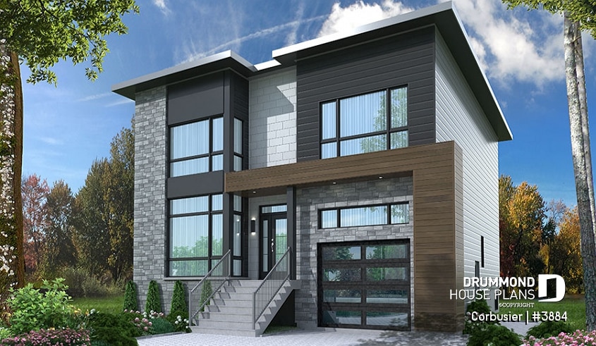 front - BASE MODEL - Modern house plan with 2 master suites, 4 bedrooms, home office, large kitchen open floor plan concept - Corbusier