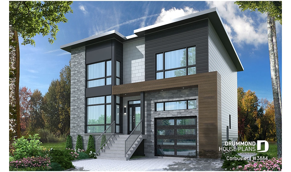 front - BASE MODEL - Modern house plan with 2 master suites, 4 bedrooms, home office, large kitchen open floor plan concept - Corbusier