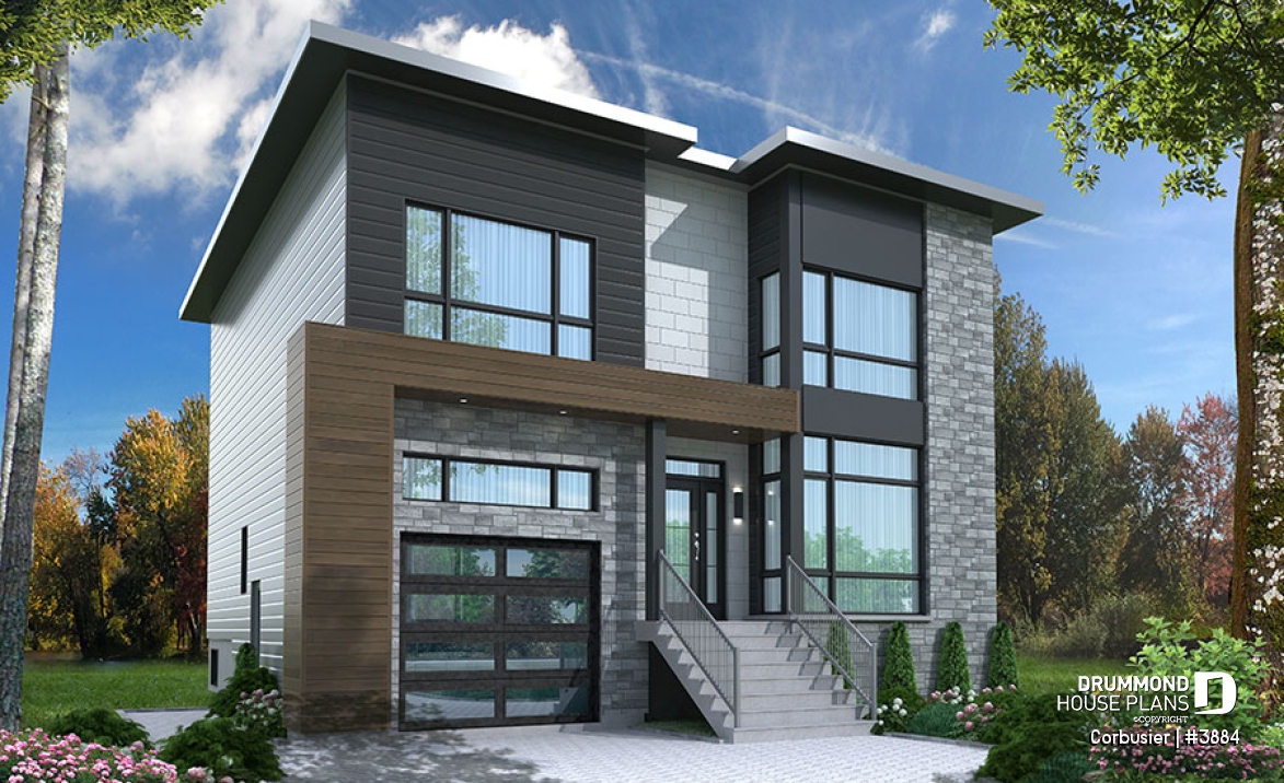 front - BASE MODEL - Modern house plan with 2 master suites, 4 bedrooms, home office, large kitchen open floor plan concept - Corbusier
