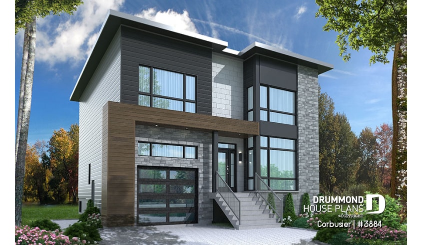 front - BASE MODEL - Modern house plan with 2 master suites, 4 bedrooms, home office, large kitchen open floor plan concept - Corbusier