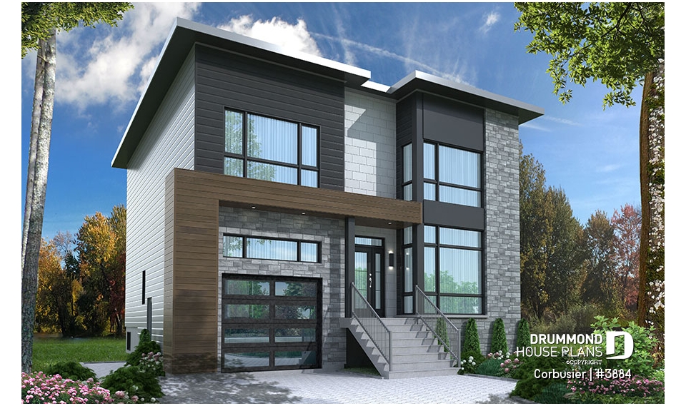 front - BASE MODEL - Modern house plan with 2 master suites, 4 bedrooms, home office, large kitchen open floor plan concept - Corbusier